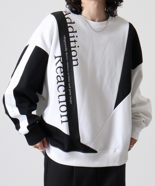 m.u japoness 凸凹リバーシブルスウェット （White×Black） セール】Monotone color tape wide sweatshirt / モノトーン配色