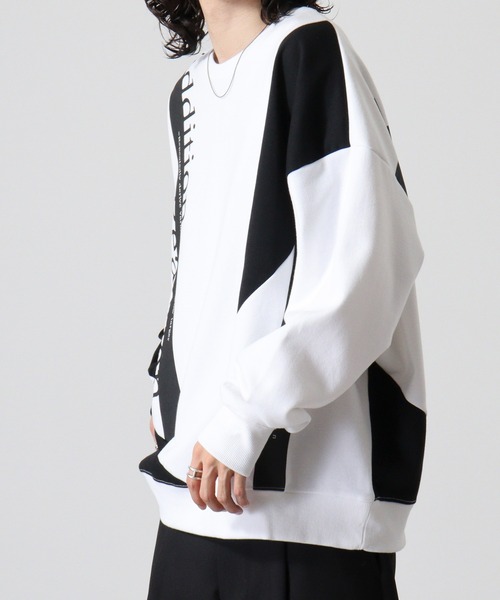 m.u japoness 凸凹リバーシブルスウェット （White×Black） セール】Monotone color tape wide sweatshirt / モノトーン配色