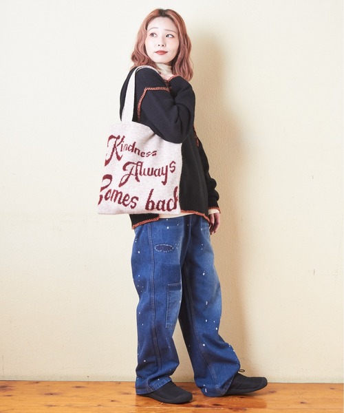 CUBE SUGAR（キューブシュガー）の「リサイクルニットジャガードトートバッグ（トートバッグ・レディース・スミクロ/ベージュ/トップグレー・M）」の11枚目の写真