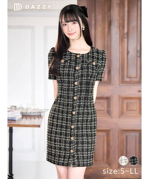 ビジュー付きブラックツイードドレス ビジュー付きブラックツイードドレス モノトーン ツイード チェック