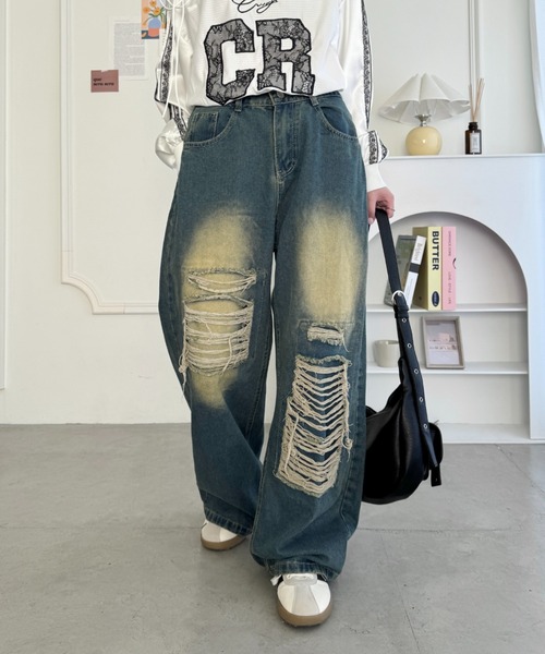 SOLLON.(ソルロン)の「ダメージワイドデニムパンツ(デニムパンツ・レディース・ブルー・M)」の1枚目の写真