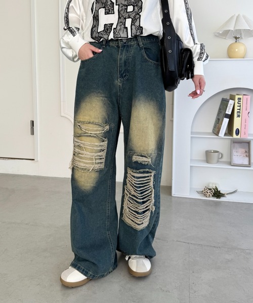 SOLLON.(ソルロン)の「ダメージワイドデニムパンツ(デニムパンツ・レディース・ブルー・M)」の3枚目の写真