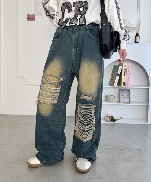 SOLLON.(ソルロン)の「ダメージワイドデニムパンツ(デニムパンツ・レディース・ブルー・M)」の4枚目の写真
