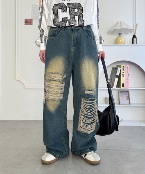 SOLLON.(ソルロン)の「ダメージワイドデニムパンツ(デニムパンツ・レディース・ブルー・M)」の5枚目の写真