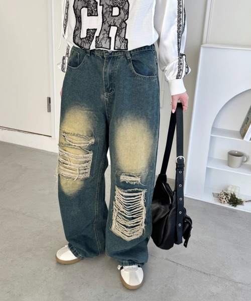 SOLLON.(ソルロン)の「ダメージワイドデニムパンツ(デニムパンツ・レディース・ブルー・M)」の2枚目の写真