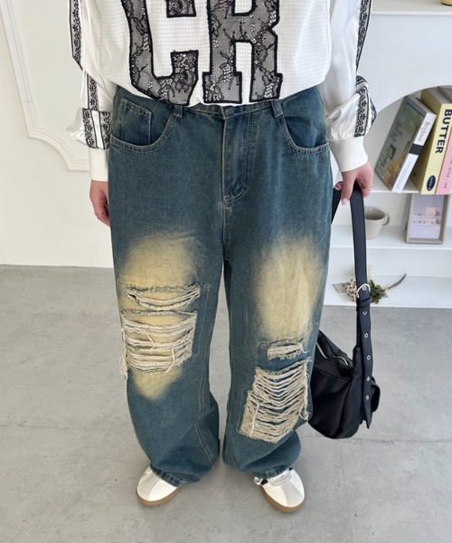 SOLLON.(ソルロン)の「ダメージワイドデニムパンツ(デニムパンツ・レディース・ブルー・M)」の6枚目の写真