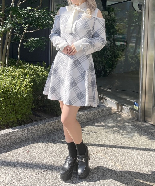 ビアズリー ワンピース ペイズリー柄 チェック フリー グレー 未使用級 自由区 【SHIHOさん着用・洗える】ペイズリープリント ワンピース