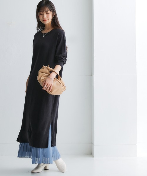 セール】ムースタッチニットサイドスリットワンピース〈大きいサイズ有 セール】ムースタッチニットサイドスリットワンピース〈大きいサイズ有