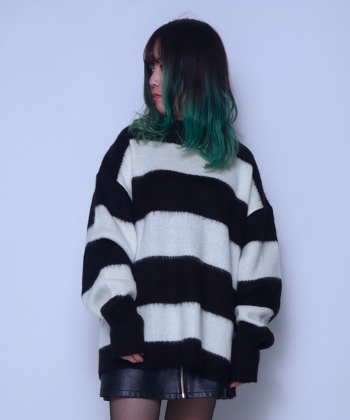 Bling Leads（ブリングリーズ）の「Z)【BLINGLEADS】 724800 モヘアタッチボーダークルーネック ニットセーター（ニット/セーター・メンズ・グレー系その他/ブルー系その他/ピンク系その他/ブラウン系その他/ブラック系その他/レディッシュグレー・FREE）」の2枚目の写真