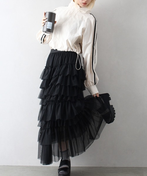 SpRay（スプレイ）の「チュールフリルティアードロングスカート（スカート・レディース・グレー/アイボリー/ブラック・FREE）」の10枚目の写真