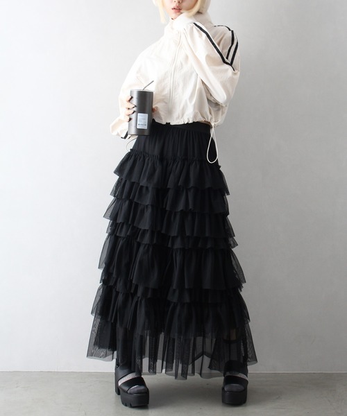 SpRay（スプレイ）の「チュールフリルティアードロングスカート（スカート・レディース・グレー/アイボリー/ブラック・FREE）」の11枚目の写真