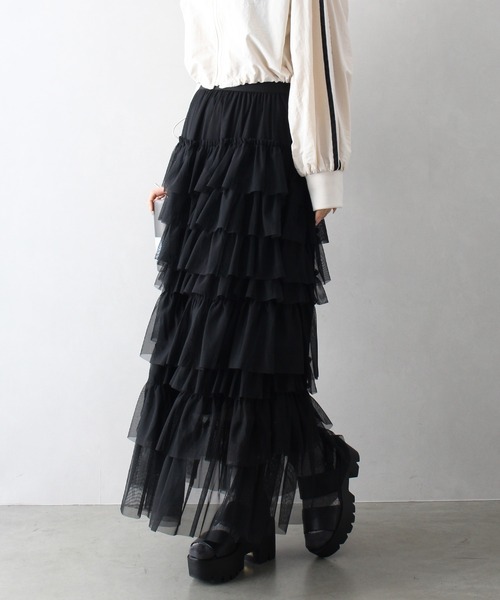 SpRay（スプレイ）の「チュールフリルティアードロングスカート（スカート・レディース・グレー/アイボリー/ブラック・FREE）」の13枚目の写真