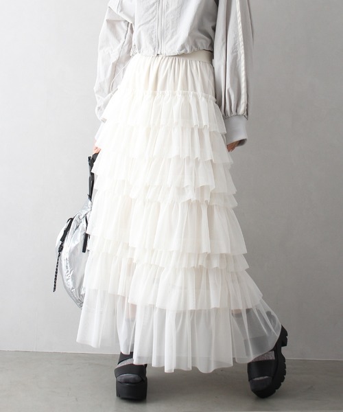 SpRay（スプレイ）の「チュールフリルティアードロングスカート（スカート・レディース・グレー/アイボリー/ブラック・FREE）」の19枚目の写真