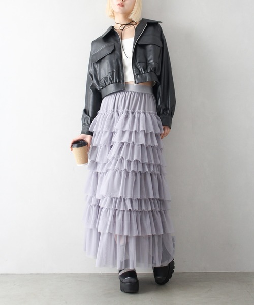 SpRay（スプレイ）の「チュールフリルティアードロングスカート