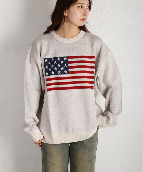 オーバーサイズ 国旗ニット アメリカ イギリス クルーネック（ニット
