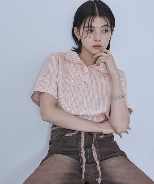 miette(ミエット)の「サマーツイードフリンジポロトップス(Tシャツ/カットソー・レディース・オフホワイト/ブルー/ピンク・FREE)」の3枚目の写真