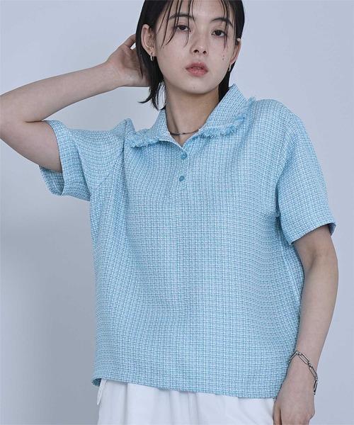 miette(ミエット)の「サマーツイードフリンジポロトップス(Tシャツ/カットソー・レディース・オフホワイト/ブルー/ピンク・FREE)」の1枚目の写真