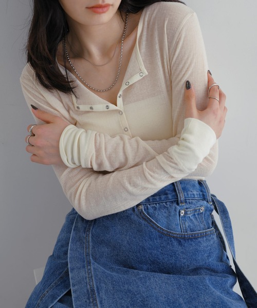 セール】ヘンリーネックシアートップス（Tシャツ/カットソー）｜andme