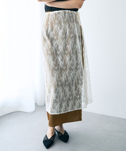 YECCA VECCA（イェッカヴェッカ）の「サイドリボンレースレイヤードスカート（スカート・レディース・アイボリー/ブラック・FREE）」の14枚目の写真