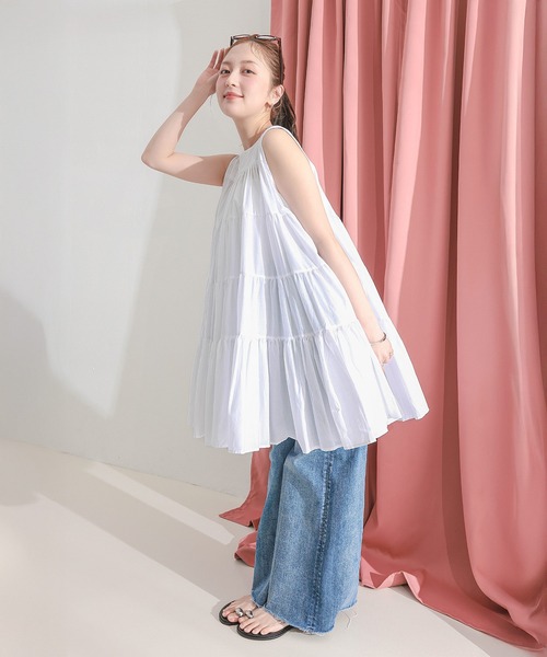 en CAnAF（エンカナフ）の「【春夏に使える万能アイテム！】 ティアード ノースリーブ ボリューム チュニック ワンピース ミニ丈 春服 夏服（ワンピース・レディース・オリーブ/ブラック/スカイブルー/ホワイト/ネイビー/ピンク/ブラウン・フリー）」の20枚目の写真