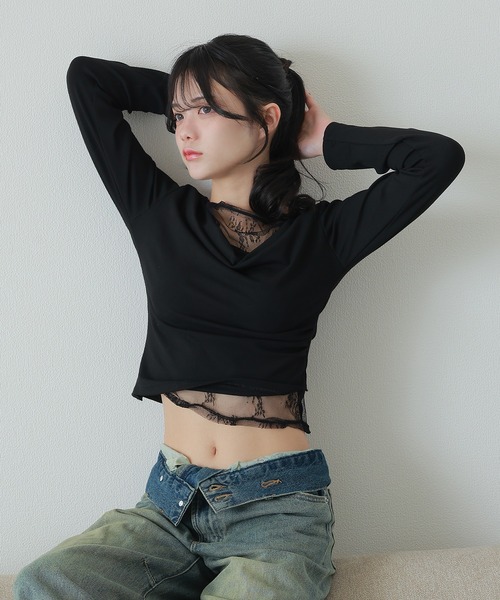 M DOLLY(エムドリー)の「accent lace tops/アクセントレーストップス(Tシャツ/カットソー・レディース・ブラック/ホワイト・S/M)」の2枚目の写真