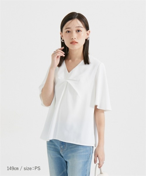 Petitjo（プッチージョ）の「小さいサイズ　ねじれ半袖ブラウス　低身長さん・小柄女性（シャツ/ブラウス・レディース・ブルーグレー/ホワイト・PSS/PS/PM/PL）」の16枚目の写真