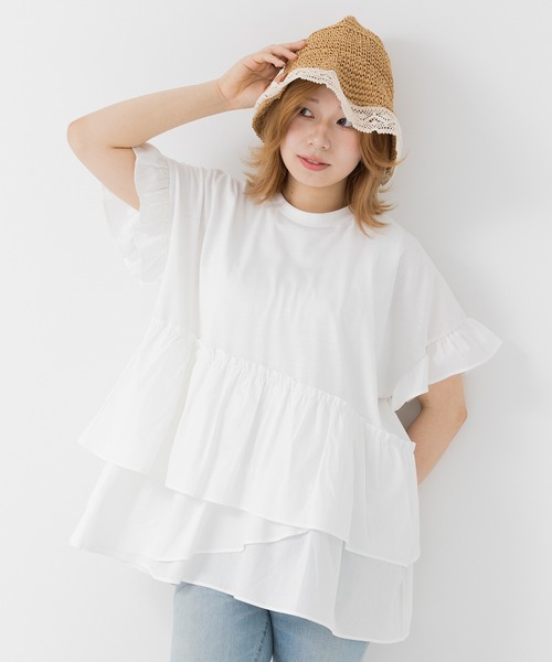 JAM & LINK（ジャムアンドリンク）の「ランダムフリル ドルマンTシャツ 【リンクコーデ】（Tシャツ/カットソー・レディース・ホワイト/チャコールグレー・M/L）」の2枚目の写真