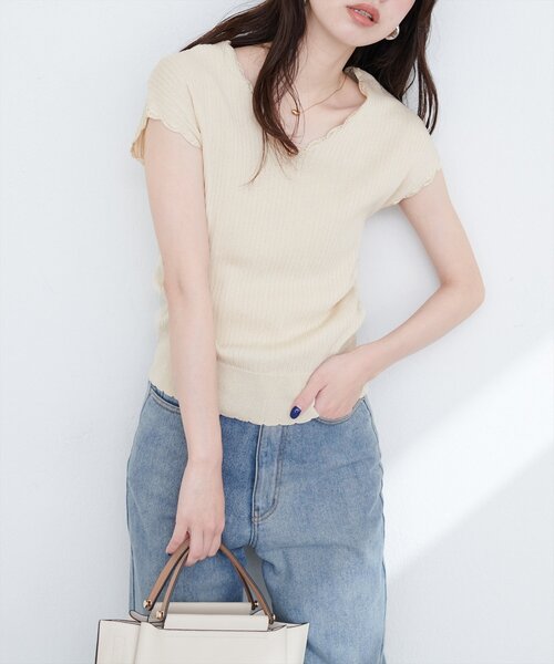 natural couture(ナチュラルクチュール)の「かぎ針風ちびスカラップフレンチリブニット(ニット/セーター・レディース・ブルー/アイボリー/ブラック/ブラウン・FREE)」の7枚目の写真