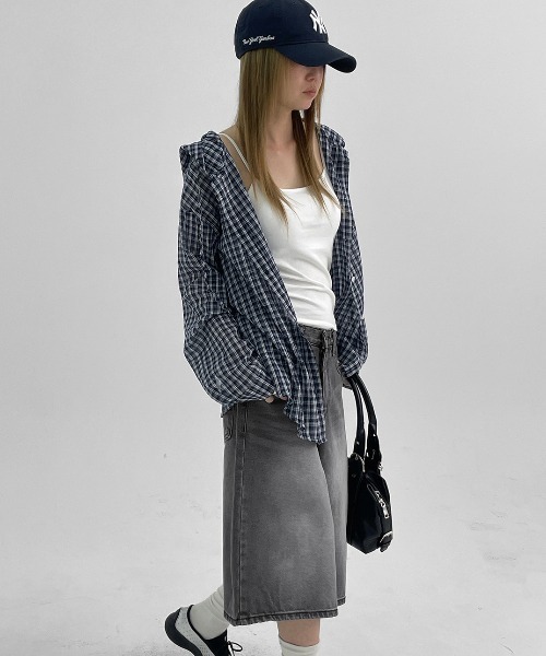 BLACKUP（ブラックアップ）の「[MADE] シュロットチェックサマールーズフィットフードシャツ（シャツ/ブラウス・レディース・ブラック/ネイビー・FREE）」の9枚目の写真