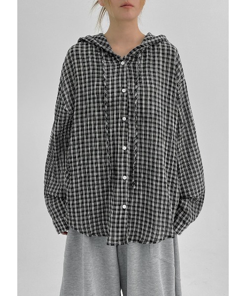 BLACKUP（ブラックアップ）の「[MADE] シュロットチェックサマールーズフィットフードシャツ（シャツ/ブラウス・レディース・ブラック/ネイビー・FREE）」の7枚目の写真