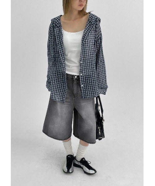 BLACKUP（ブラックアップ）の「[MADE] シュロットチェックサマールーズフィットフードシャツ（シャツ/ブラウス・レディース・ブラック/ネイビー・FREE）」の12枚目の写真