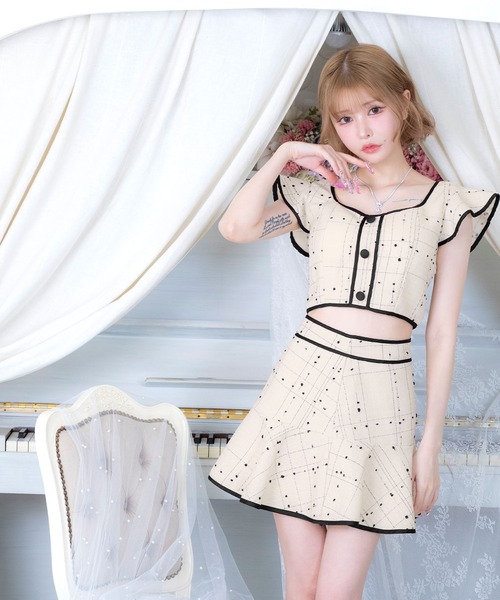 Tika(ティカ)の「キャバドレス セットアップ ミニ フレア ノースリーブ フリル袖 ツイード パイピングドレス キャバワンピ(ドレス・レディース・グレー/アイボリー・L/M/S)」の12枚目の写真