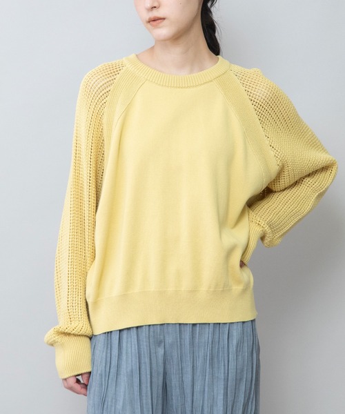 Munich（ミューニック）の「14GGゴム地編み×透かし編みスリーブニットプルオーバー（Tシャツ/カットソー・レディース・ブラック/グレー/グリーン/イエロー・FREE）」の4枚目の写真