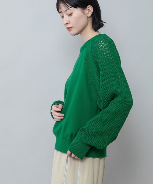 Munich（ミューニック）の「14GGゴム地編み×透かし編みスリーブニットプルオーバー（Tシャツ/カットソー・レディース・ブラック/グレー/グリーン/イエロー・FREE）」の15枚目の写真