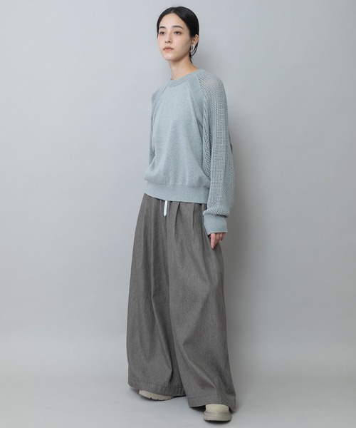 Munich（ミューニック）の「14GGゴム地編み×透かし編みスリーブニットプルオーバー（Tシャツ/カットソー・レディース・ブラック/グレー/グリーン/イエロー・FREE）」の5枚目の写真