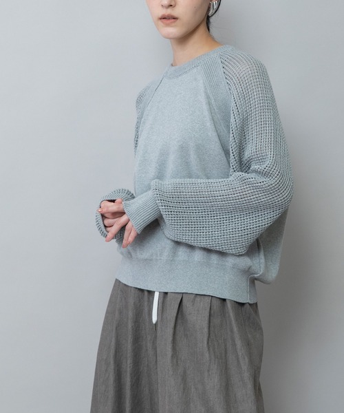 Munich（ミューニック）の「14GGゴム地編み×透かし編みスリーブニットプルオーバー（Tシャツ/カットソー・レディース・ブラック/グレー/グリーン/イエロー・FREE）」の8枚目の写真