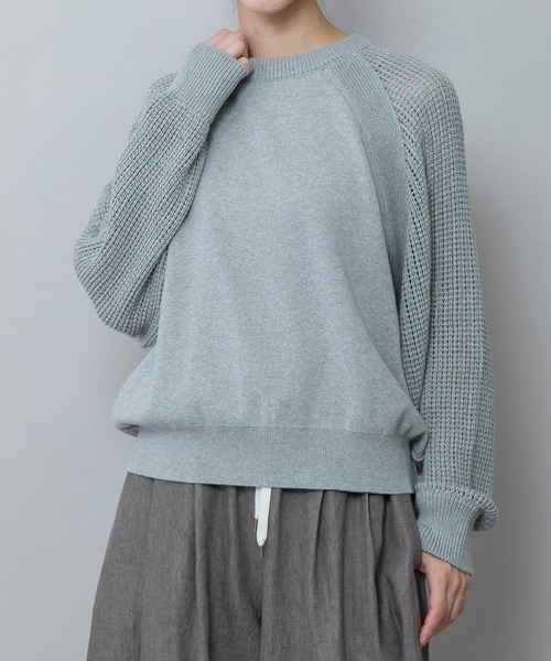 Munich（ミューニック）の「14GGゴム地編み×透かし編みスリーブニットプルオーバー（Tシャツ/カットソー・レディース・ブラック/グレー/グリーン/イエロー・FREE）」の7枚目の写真