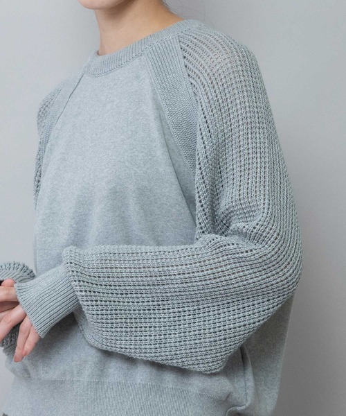 Munich（ミューニック）の「14GGゴム地編み×透かし編みスリーブニットプルオーバー（Tシャツ/カットソー・レディース・ブラック/グレー/グリーン/イエロー・FREE）」の11枚目の写真