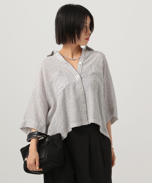 BAYFLOW(ベイフロー)の「リネンクロップド半袖シャツ(シャツ/ブラウス・レディース・ライトイエロー/チャコール/グレー/レッド/オフホワイト・FREE)」の14枚目の写真