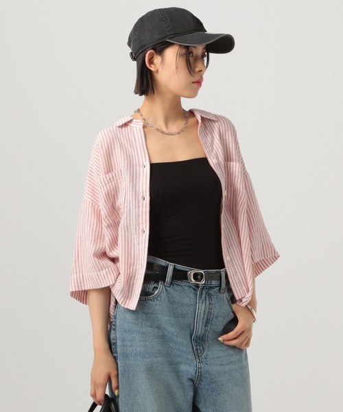 BAYFLOW(ベイフロー)の「リネンクロップド半袖シャツ(シャツ/ブラウス・レディース・ライトイエロー/チャコール/グレー/レッド/オフホワイト・FREE)」の9枚目の写真