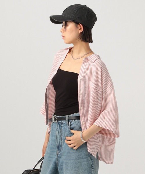 BAYFLOW(ベイフロー)の「リネンクロップド半袖シャツ(シャツ/ブラウス・レディース・ライトイエロー/チャコール/グレー/レッド/オフホワイト・FREE)」の8枚目の写真