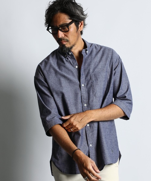 The DUFFER of ST.GEORGE(ザダファーオブセントジョージ)の「C/L CHAMBRAY 3Q SHIRT:綿麻シャンブレー 5分袖 シャツ(シャツ/ブラウス・メンズ・ブラック/ネイビー/キナリ・SMALL/MEDIUM/LARGE/X-LARGE)」の1枚目の写真