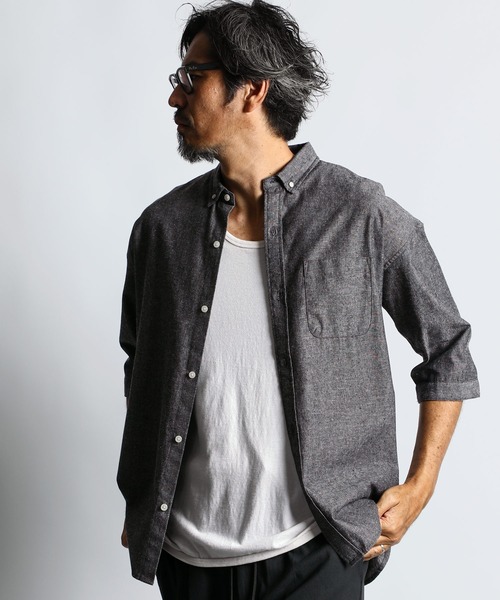 The DUFFER of ST.GEORGE(ザダファーオブセントジョージ)の「C/L CHAMBRAY 3Q SHIRT:綿麻シャンブレー 5分袖 シャツ(シャツ/ブラウス・メンズ・ブラック/ネイビー/キナリ・SMALL/MEDIUM/LARGE/X-LARGE)」の3枚目の写真
