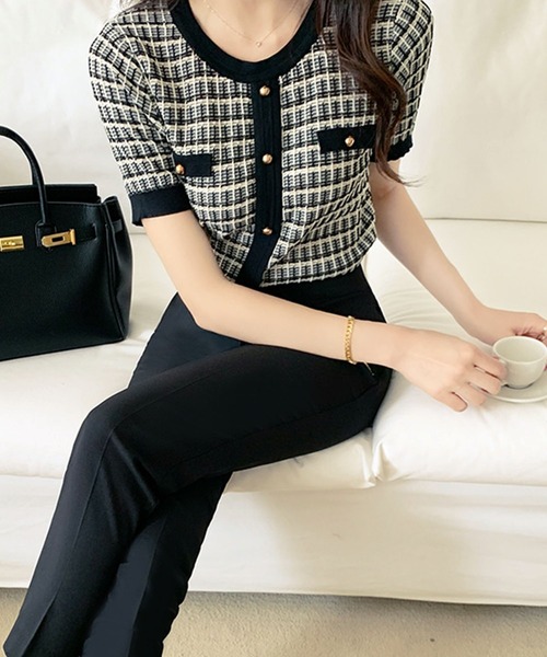 【美品】HERMÈS チェック柄 半袖ニット 30621044-1.jpg