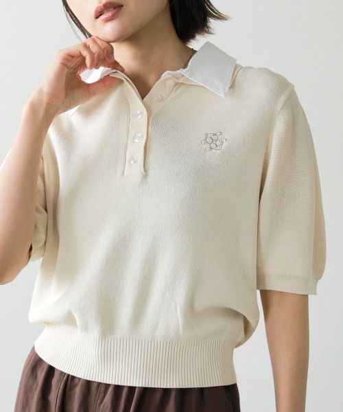Bab(バブ)の「ダブルカラー衿付きポロニット(Tシャツ/カットソー・レディース・アイボリー/ブラック/ベージュ・FREE)」の2枚目の写真