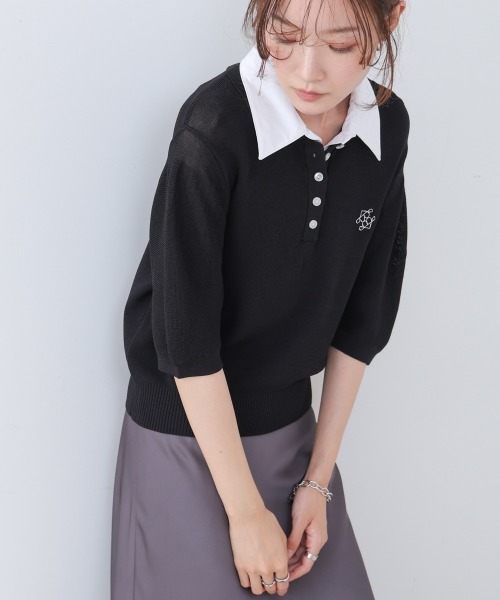 Bab(バブ)の「ダブルカラー衿付きポロニット(Tシャツ/カットソー・レディース・アイボリー/ブラック/ベージュ・FREE)」の17枚目の写真