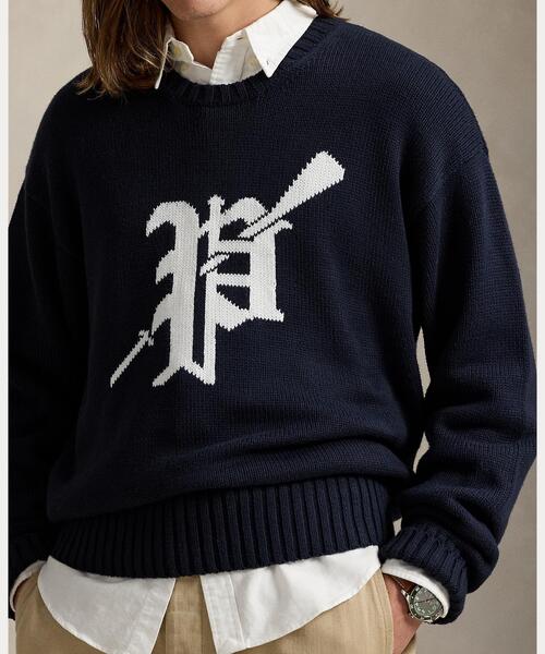 ビッグ フィット ロゴインターシャ コットン セーター（ニット