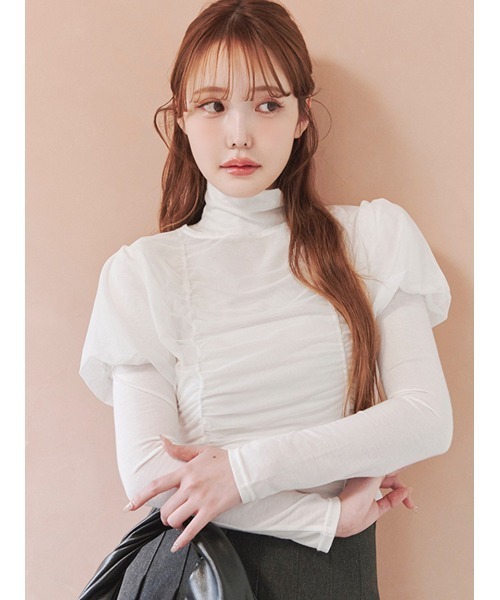 Stylevoice for xxx（スタイルヴォイスフォー）の「＜木村りかこさんコラボ＞シアーギャザーパフトップス＆ハイネックカットソーセット（Tシャツ/カットソー・レディース・ベージュ/ブラック/ホワイト・F）」の2枚目の写真