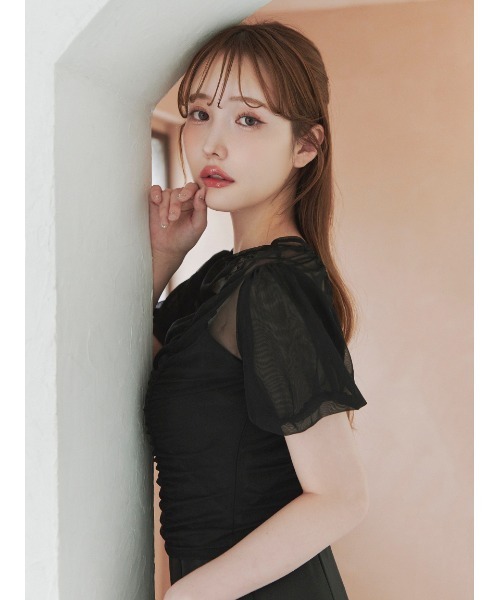 Stylevoice for xxx（スタイルヴォイスフォー）の「＜木村りかこさんコラボ＞シアーギャザーパフトップス＆ハイネックカットソーセット（Tシャツ/カットソー・レディース・ベージュ/ブラック/ホワイト・F）」の20枚目の写真