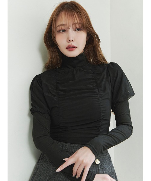 Stylevoice for xxx（スタイルヴォイスフォー）の「＜木村りかこさんコラボ＞シアーギャザーパフトップス＆ハイネックカットソーセット（Tシャツ/カットソー・レディース・ベージュ/ブラック/ホワイト・F）」の4枚目の写真